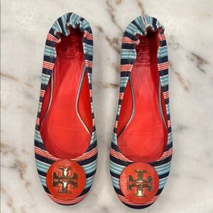 Tory Burch Red and Blue Striped Flats with Gold Medallion